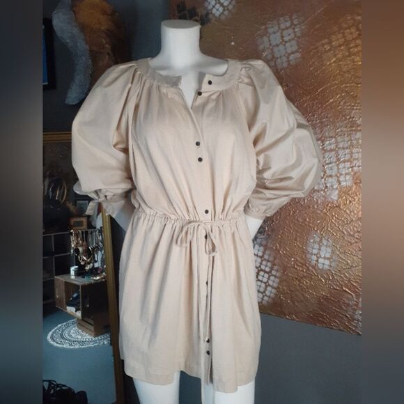 Zara Beige 100% Cotton Puff Sleeve Button-Down Mini Dress - Picture 11 of 13
